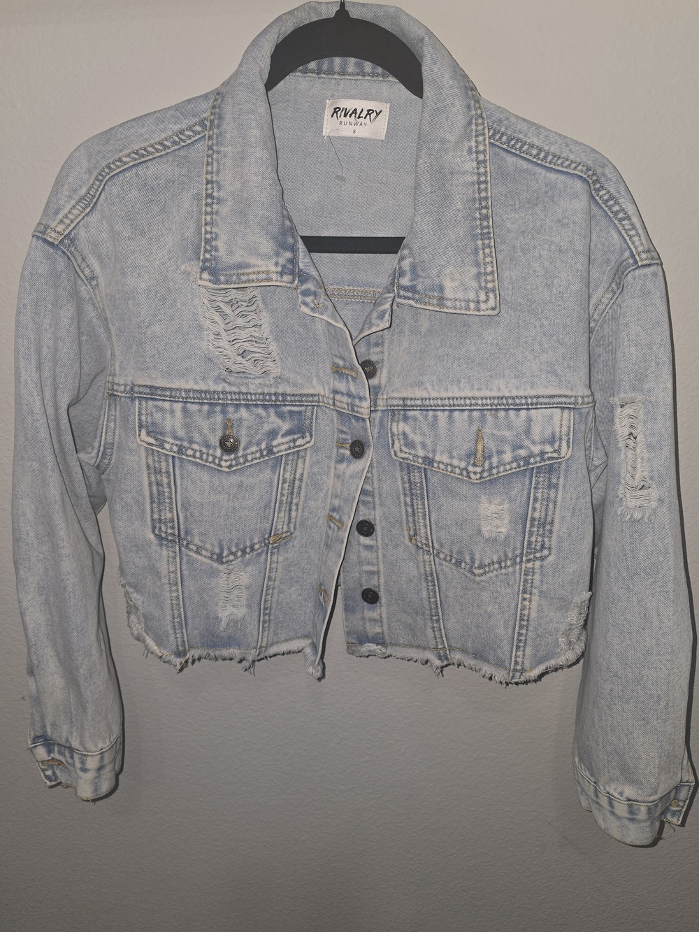 Light Blue Distressed Cropped Denim Jacket